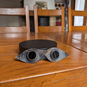 Vintage 50s-60s small high top sunglasses in leather and on a steampunk style string