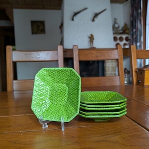 Bassano Majolica Costa vintage 1960s set of 6 small square plates with green woven pattern from Italy for rustic table decor