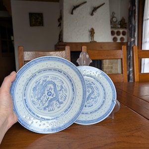 Dragon rice grain Chinese set 2 pcs porcelain plate blue white color period Jingdezhen for China style table setting