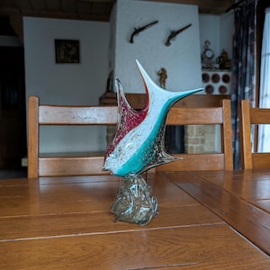 Murano style vintage large glass fish sculpture with red and turquoise colors from Italy collectible gift for glass art lovers