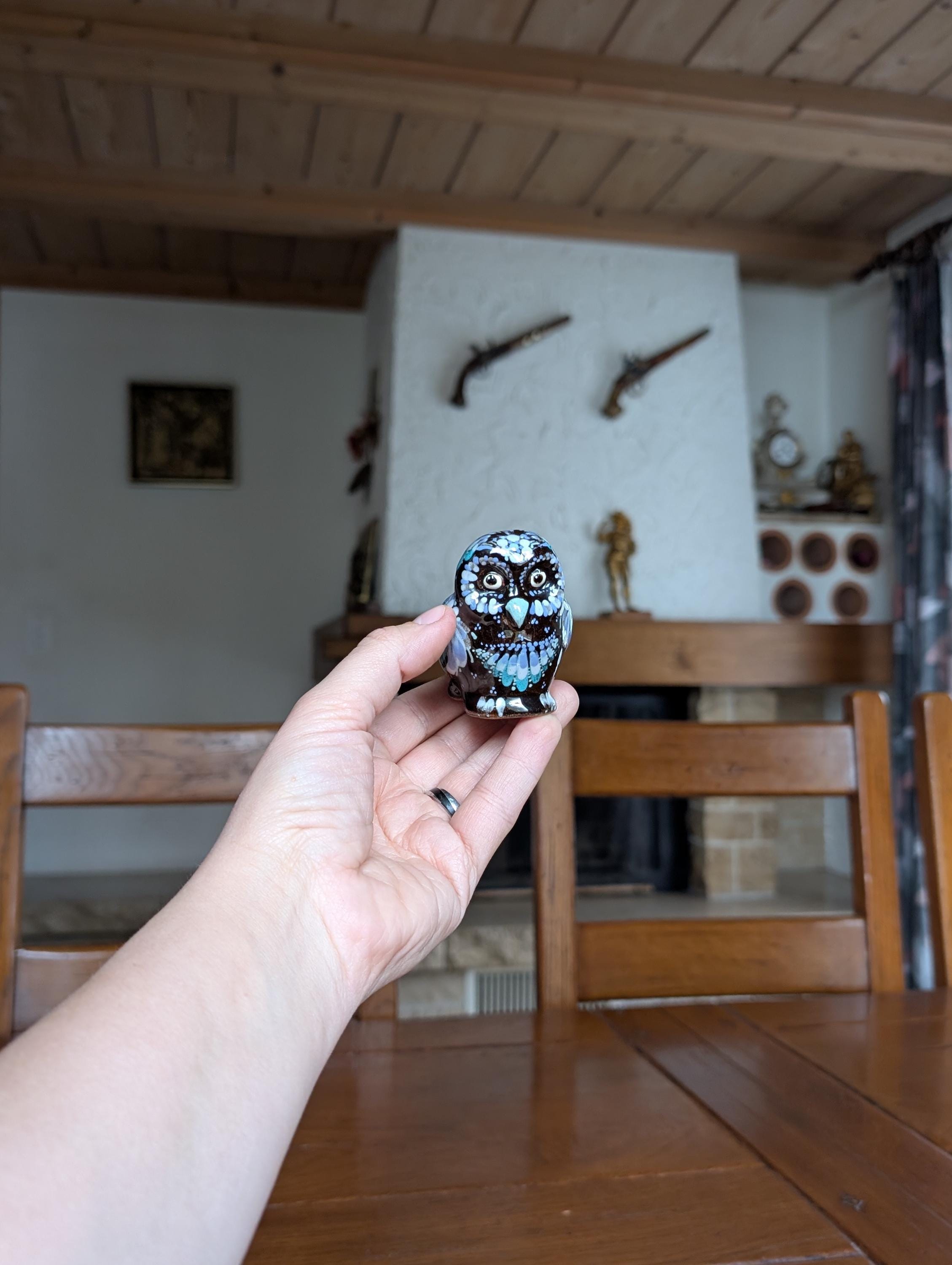 Vintage Swiss Ceramic Owl Figurine: Hand-Painted Blue & White Decor