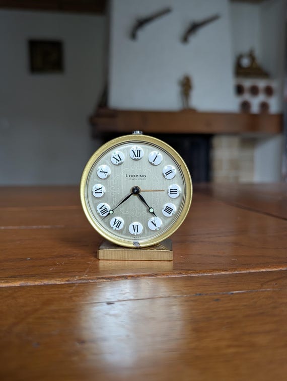 Looping Swiss Brass Travel Alarm Clock: Vintage Miniature Desk