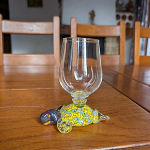 Murano Wine Glass: Turtle Stem, Yellow & Blue, Vintage Italian Glassware