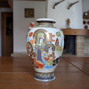 Japanese Satsuma rare porcelain vase with hand painted figures and raised dragon large vintage decor piece