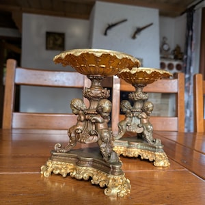 Pair of bronze candle holders bowls on a baroque stand with 3 angels and openwork pattern for large candles from a castle in Switzerland