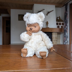 Vintage large Monchhichi plush doll white bear suit Japan 1970s collectible soft toy