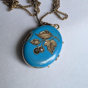 Antique Victorian locket with blue enamel and natural pearls for holding a lock of hair rare memorial jewelry box collectible keepsake