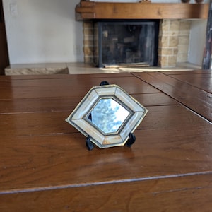 Vintage Moroccan wall mirror handmade in brass with bone style inlay for boho or ethnic style interior decorating