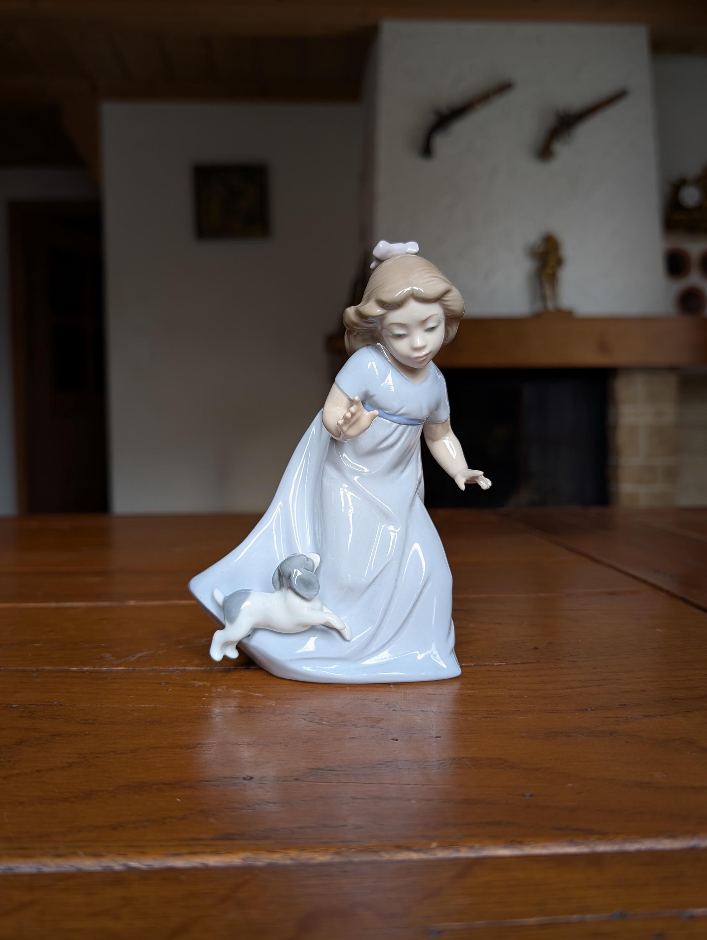 NAO Lladro Porcelain Figurine: Girl With Puppy, Blue Dress (1987