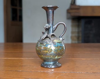 Murano hand blown art glass bottle with ornate silver casting from Italy for luxury decor, collectible display or elegant artisan gift