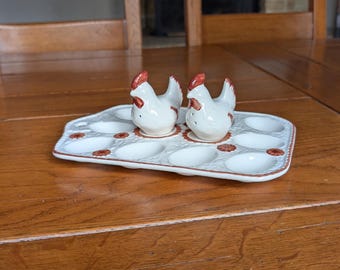 Vintage Ceramic Easter Egg Tray with Hen Salt Cellars