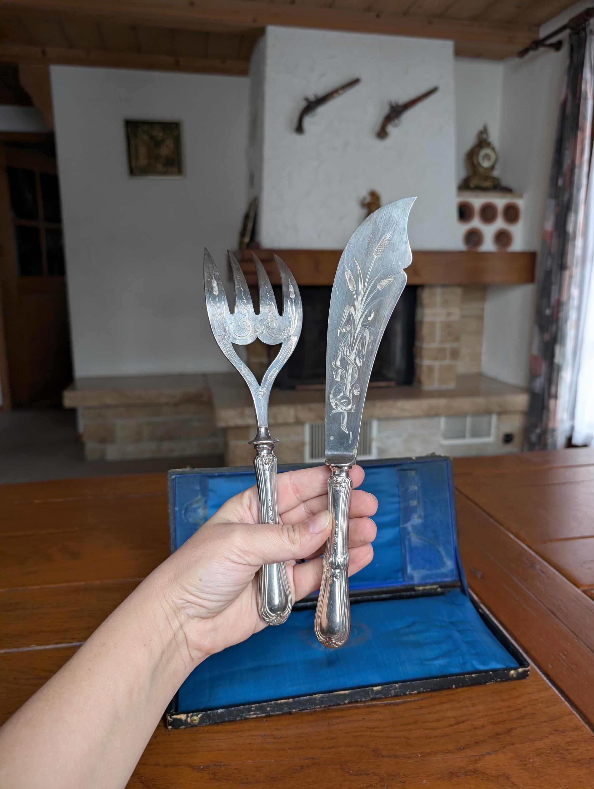 Christofle Antique Silver Plated Fish Serving Set With Engraved