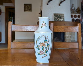 Hollohaza Magda Vintage Porcelain Vase, Floral Bird Motif, Gold Rim