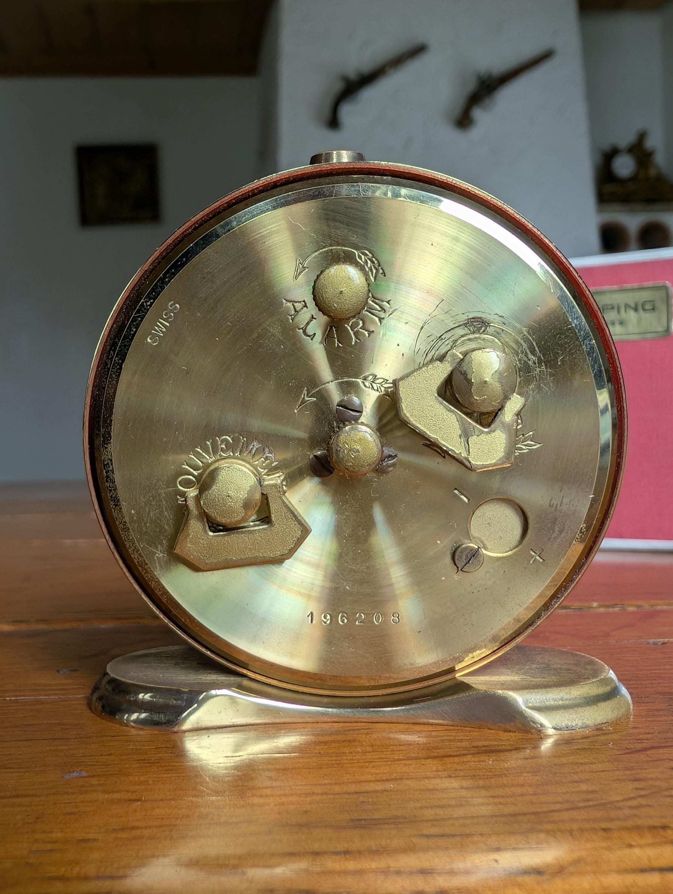 Looping Swiss Vintage Table Alarm Clock Mid-century Red and Gold
