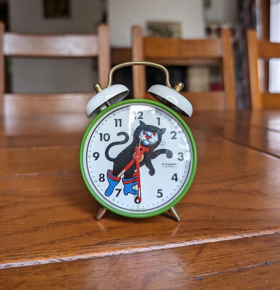 Vintage Blessing West Germany Alarm Clock: Cat in Boots, Green