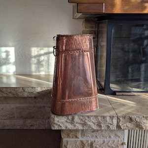 Swiss vintage copper umbrella holder with tapered shape handmade from Switzerland for industrial hallway or entryway decor