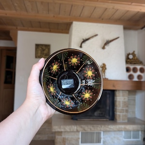Swiss Aebi vintage deep ceramic bowl with hand-painted floral motif in traditional folk style for rustic kitchen or alpine home decor