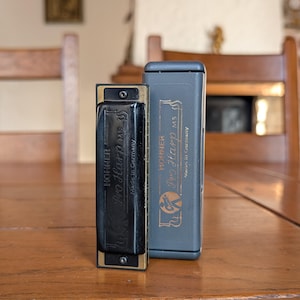 Pode incluir: Uma gaita preta Hohner Pro Harp MS com moldura dourada e estojo cinza. A gaita está em uma mesa de madeira. O estojo tem o texto "Hohner" e "Pro Harp MS" impresso.