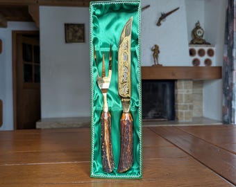 Anton Wingen Solingen vintage carving knife and fork set with stag horn handles in original box from Germany for rustic kitchen or gifting
