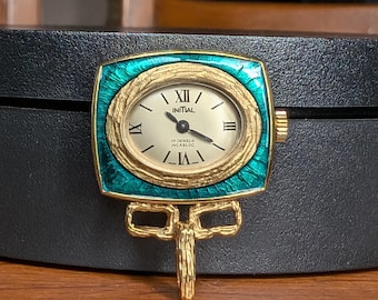 Swiss Vintage Pendant Watch, Green Enamel Face, Gold-Tone Rim
