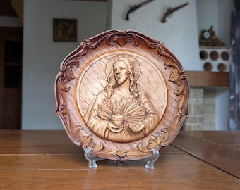 Religieuze wandplaat Heilig Hart van Jezus polyresin houtstijl christelijk devotionele inrichting