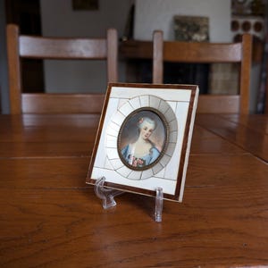 Vintage Watercolor French miniature portrait of a Biedermeier style woman handmade in a white frame and under glass signed by the artist