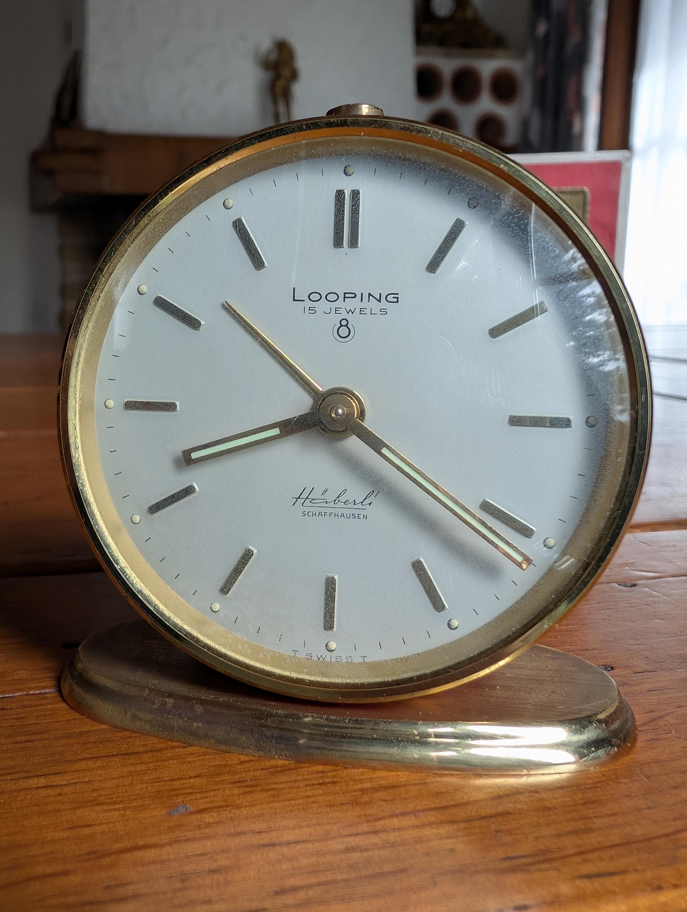 Looping Swiss Vintage Table Alarm Clock Mid-century Red and Gold