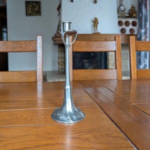 Mid-century pewter tall candlestick in Jugendstil design with plant stem and fruit motif for art nouveau table decor