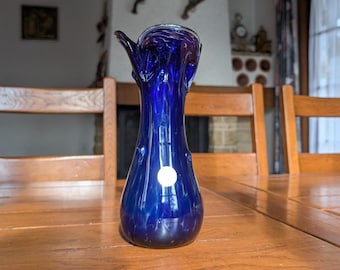 Vintage Cobalt Blue Art Glass Vase: Organic Flowing Shape, Mid-Century Decor