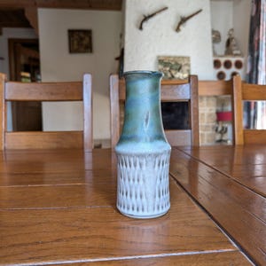 Vintage West German ceramic vase with green and gray glaze in textured modernist form for mid-century home decor