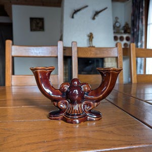 Italian vintage ceramic two-arm candlestick with brown glaze for retro home interior or candle lover gift