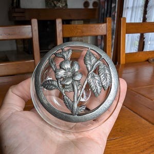 Vintage clear glass aroma diffuser jar with metal flower frog lid for essential oils and dried flowers as rustic aromatherapy decor