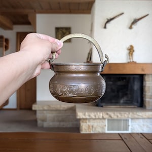 Antique Middle Eastern engraved brass pot with handle Islamic calligraphy rustic decor gift idea
