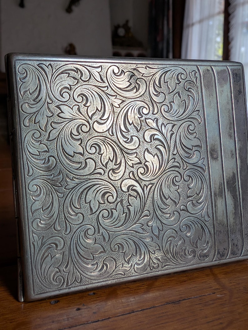 Vintage Alpacca Hoka Cigarette Case, Silver Plated Floral Art Deco image 3