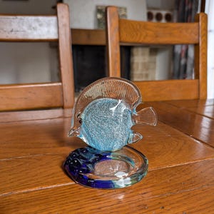 Partylite vintage 90s glass candle holder murano style glass figure of a tropical fish in blue with glitter on blue waves
