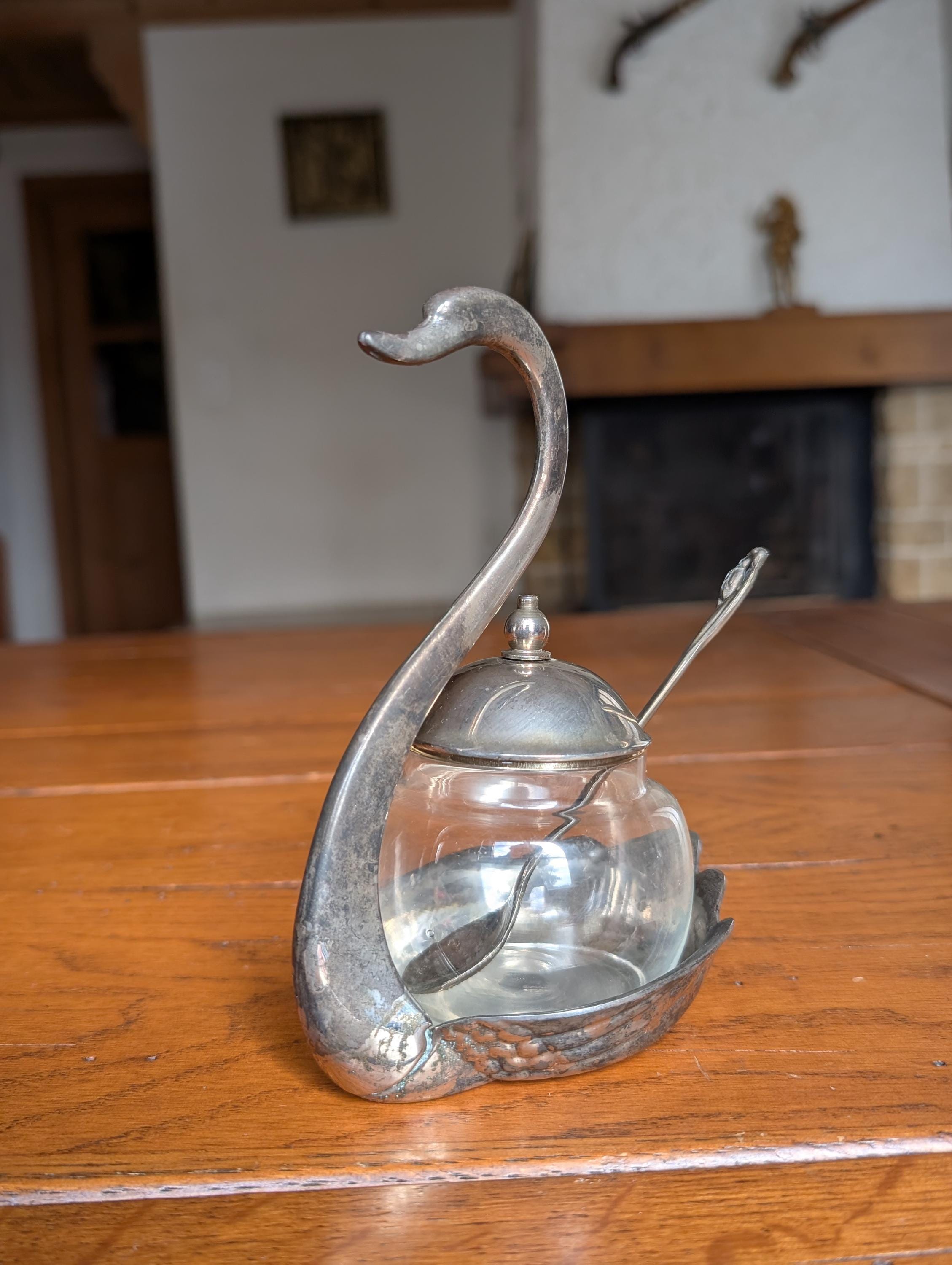 Sucrier Vintage Cygne En Métal Argenté Et Verre - Déco Rétro