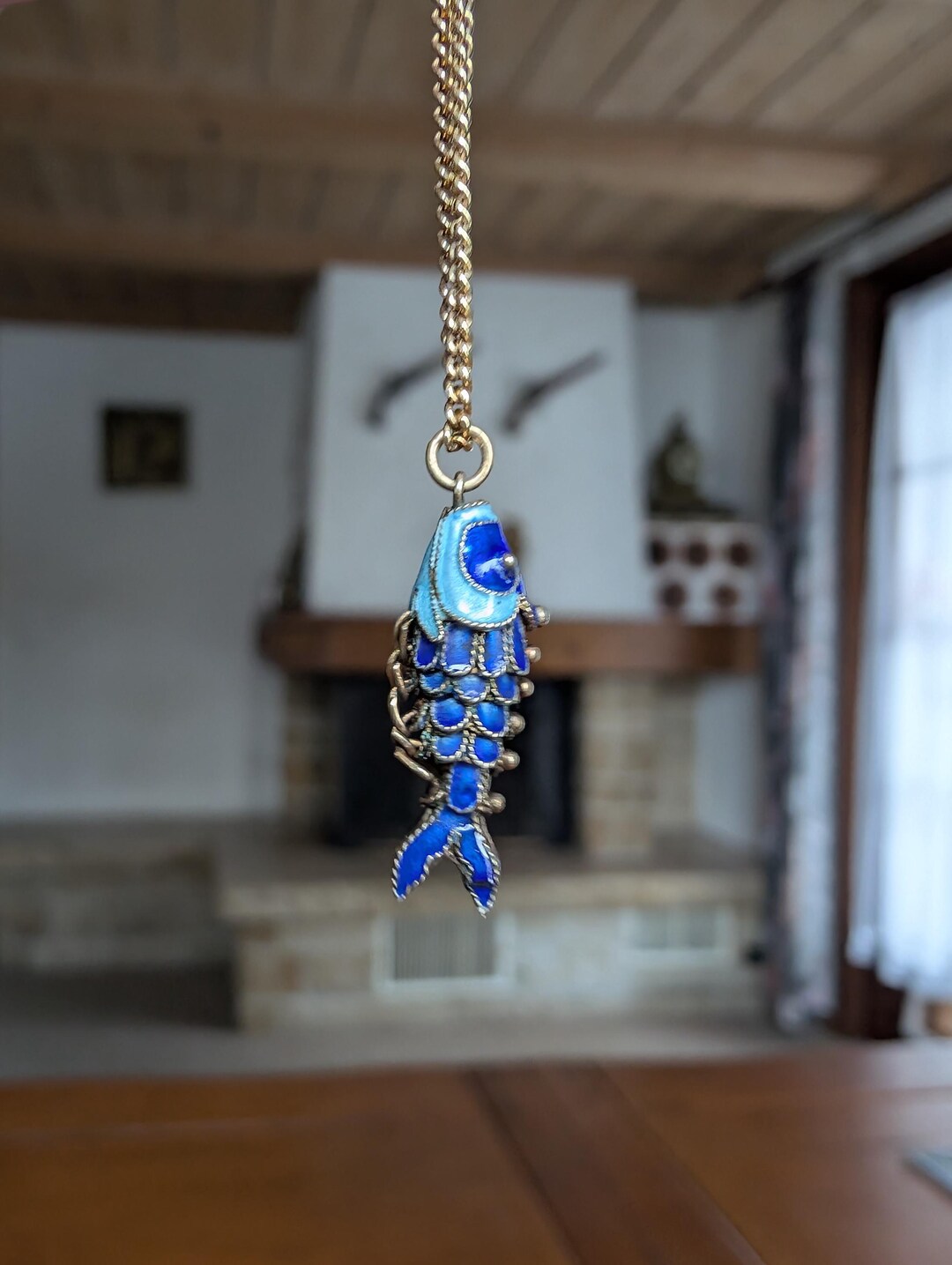 Vintage Sterling Silver Blue Enamel Cloisonne Articulated Fish Pendant ...