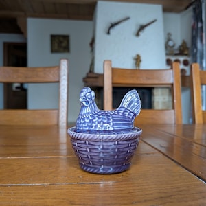 Secla vintage Portuguese ceramic chicken tureen in purple basket design with lid for Easter candy or rustic table decor