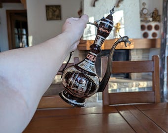 Vintage Turkish Metal Jug, Dragon Lid, Hand-engraved Ottoman Decor