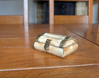 Antique Camel Bone Trinket Box: Brass Inlay, Floral Carving