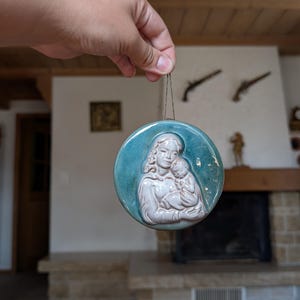 Swiss vintage ceramic wall plaque with Madonna and Child motif for religious home decor or mother’s gift from Switzerland
