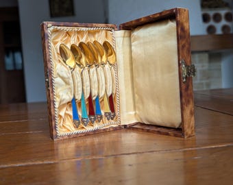 Conjunto de 6 colheres de café vintage Nils Hansen em prata esterlina esmaltada.