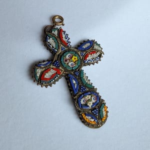 Vintage Italian micro mosaic cross pendant with floral motif in colorful glass tesserae as religious gift or devotional jewelry