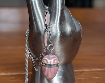 STERLING Antique Enamel Egg Vinaigrette Pendant, Pink Perfume Locket Necklace