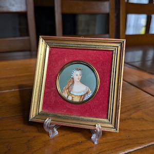 Antique miniature portrait of Sophie de France girl in a wooden frame with red velvet painted watercolor signed by the artist