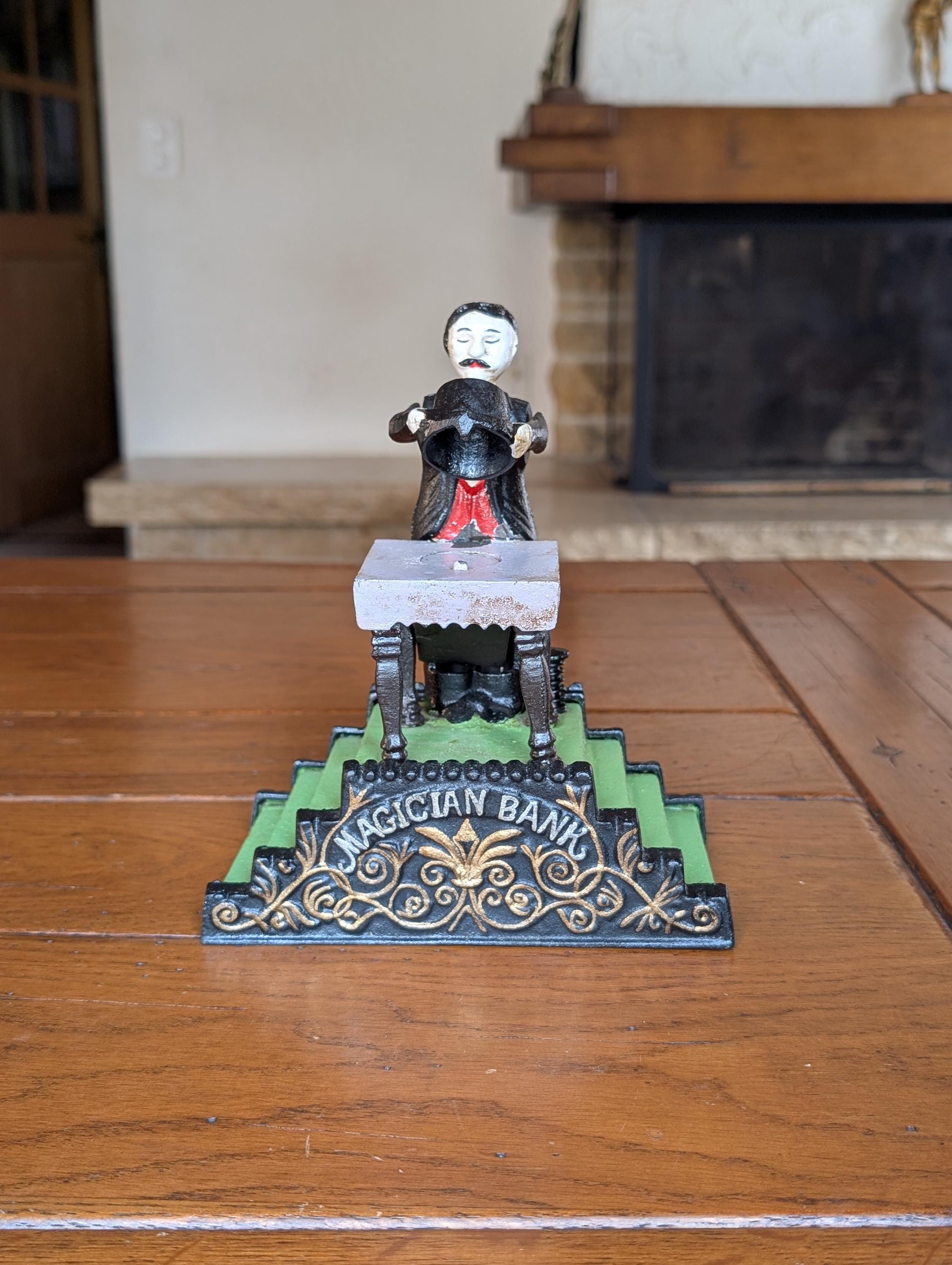 Vintage Cast Iron Magician Bank Mechanical Coin Money Bank