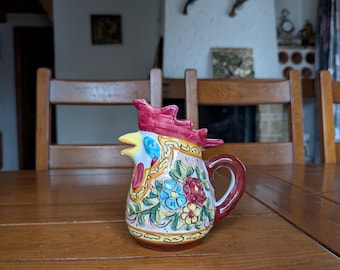 Vintage Ceramic Rooster Jug, Colorful Floral Embossed Decor