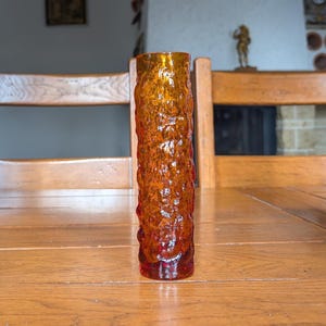 Anchor vintage tall pressed glass vase with lava texture in thick amber glass for 70s retro interior decor