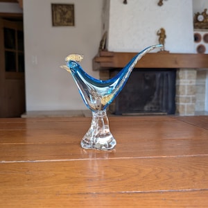 Murano style art glass bird figurine blue and gold hand-blown glass pheasant roadrunner sculpture
