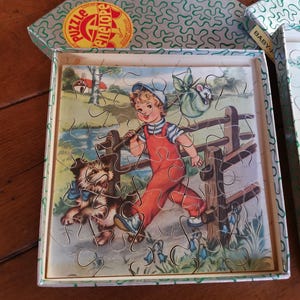 Swiss vintage 60s wooden puzzle with choice of Hansel and Gretel or boy and dog motif for nostalgic children&#39;s room decor